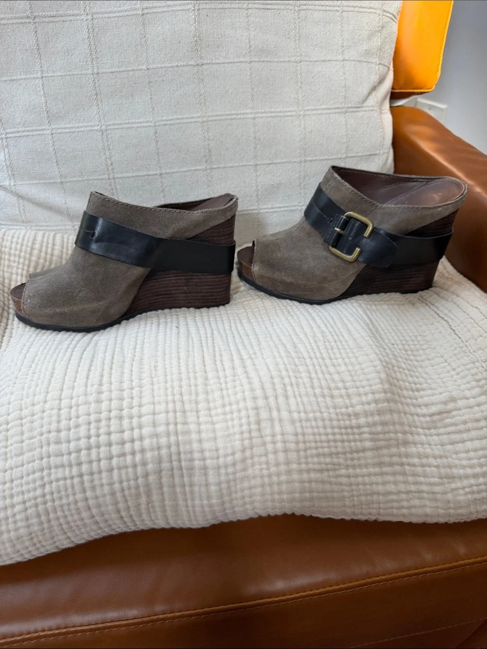 Franco Sarto Taupe Suede Open-Toe Wedge Mules